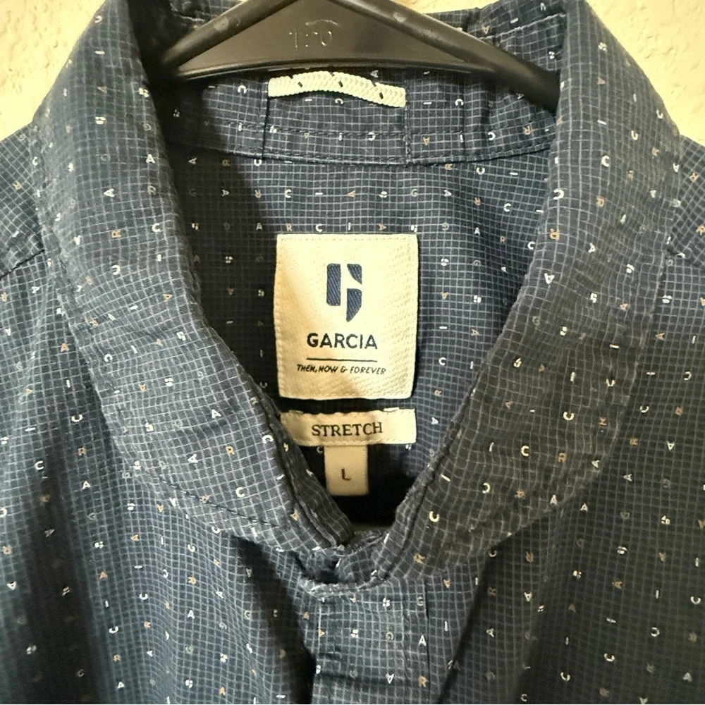 Garcia Men’s Button Up Shirt Large Blue Micro Print Stretch Cotton Slim Casual